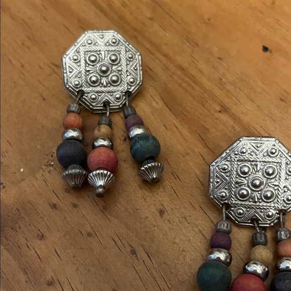 Silver and Multicolor Wood Bead Dangle Earrings - Picture 3 of 6